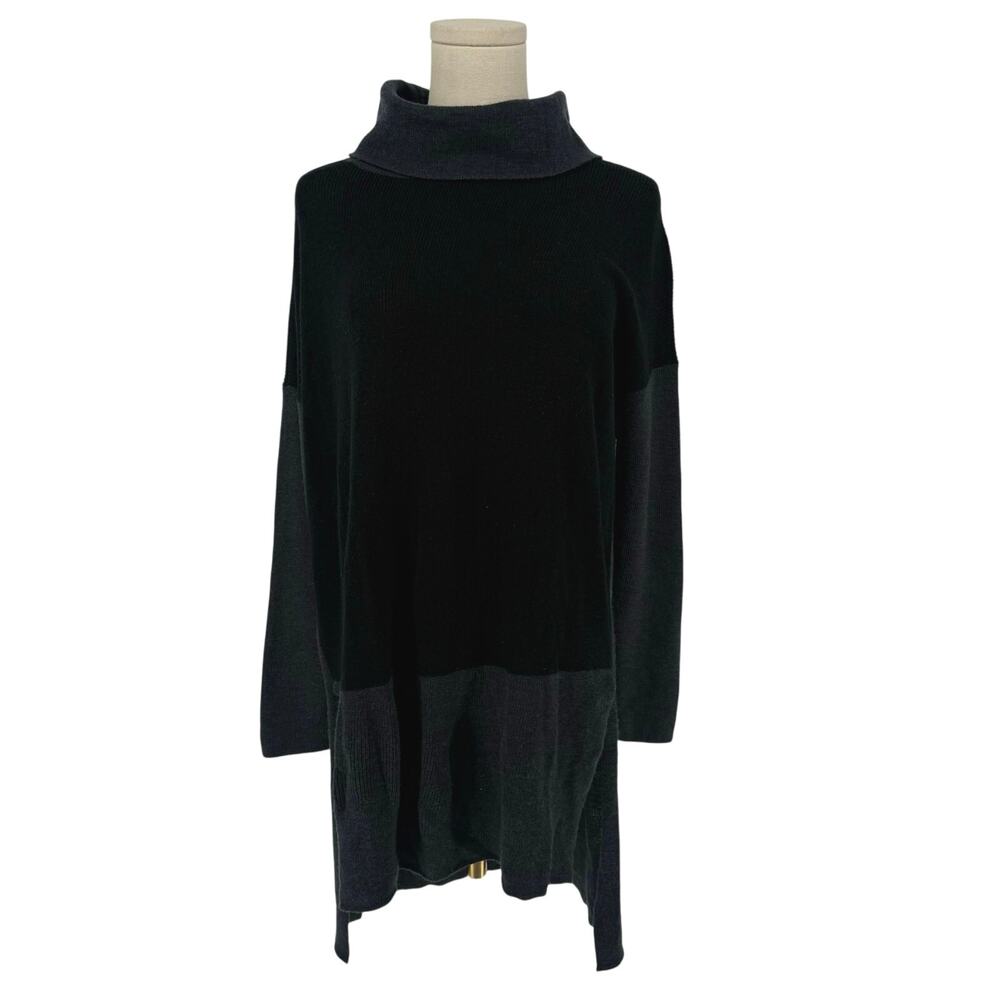 Eileen Fisher Casual Turtleneck Tunic Sweater Colorblock Black XS Merino Wool